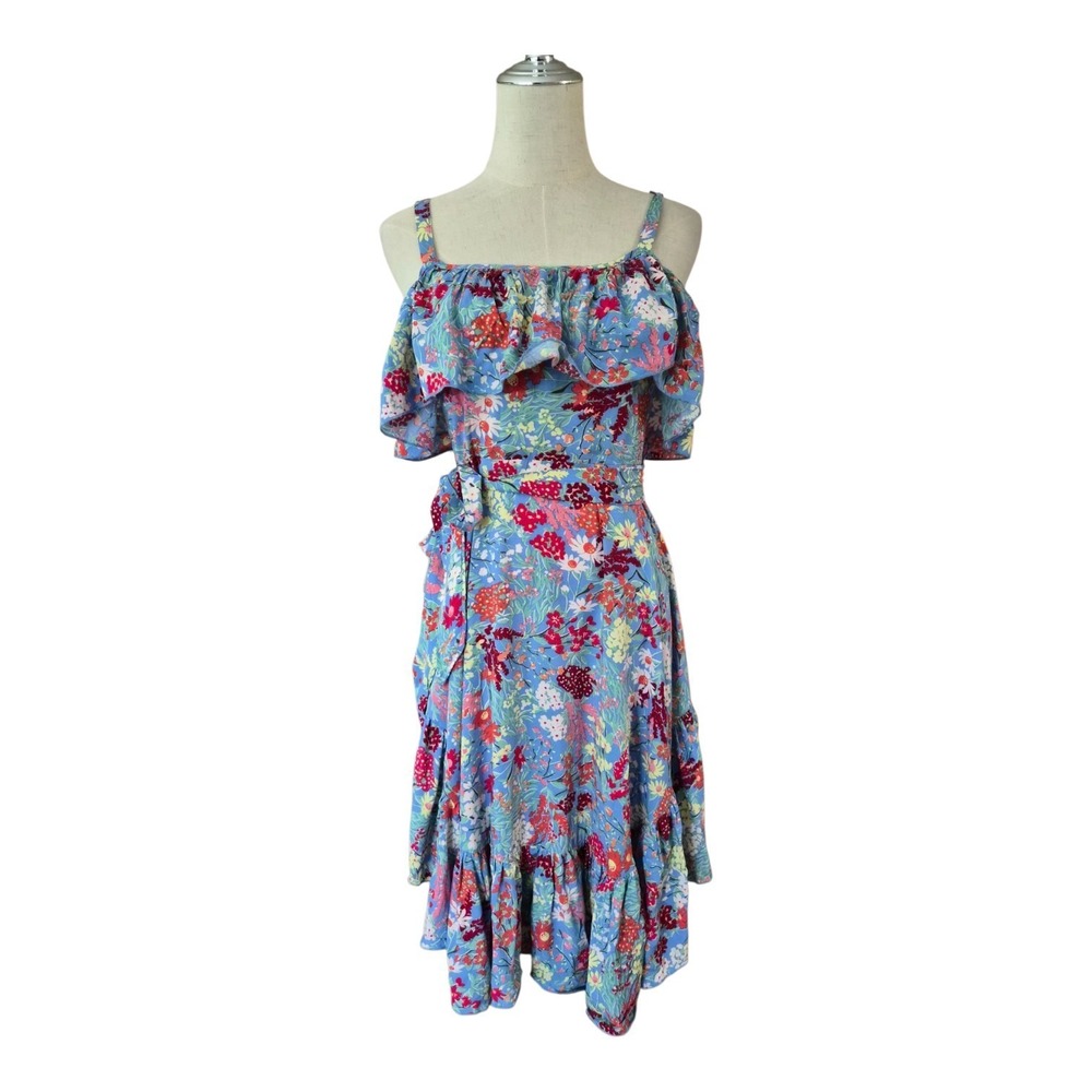 Abel The Label XS Blue Floral Ruffle Wrap Midi Dress Boho Cottagecore NWT